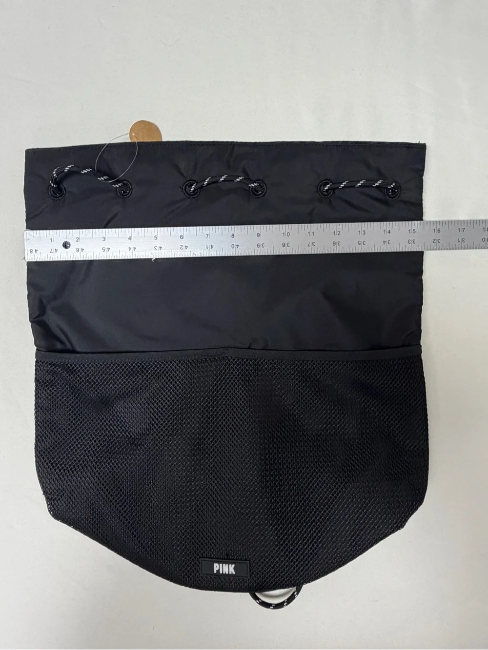 NWT-Victoria’s Secret PINK Drawstring Black Nylon & Mesh Backpack 16 x 16 x 9